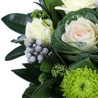 Scandinavian bouquet, unusual bouquet, bouquet with roses, bouquet with brunia, bouquet with brassic