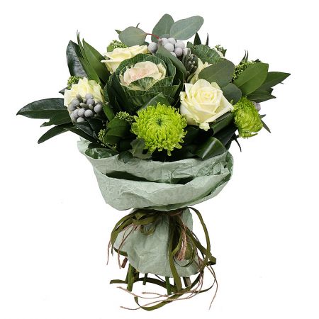 Scandinavian bouquet, unusual bouquet, bouquet with roses, bouquet with brunia, bouquet with brassic